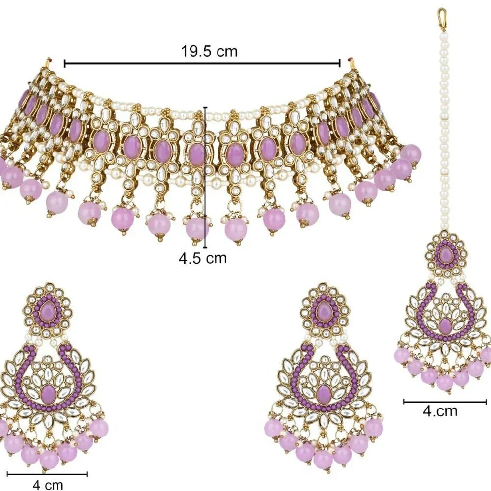 Gold Plated Indian Wedding Jewelry Set Pearl Kundan Choker Earrings Maang Tikka